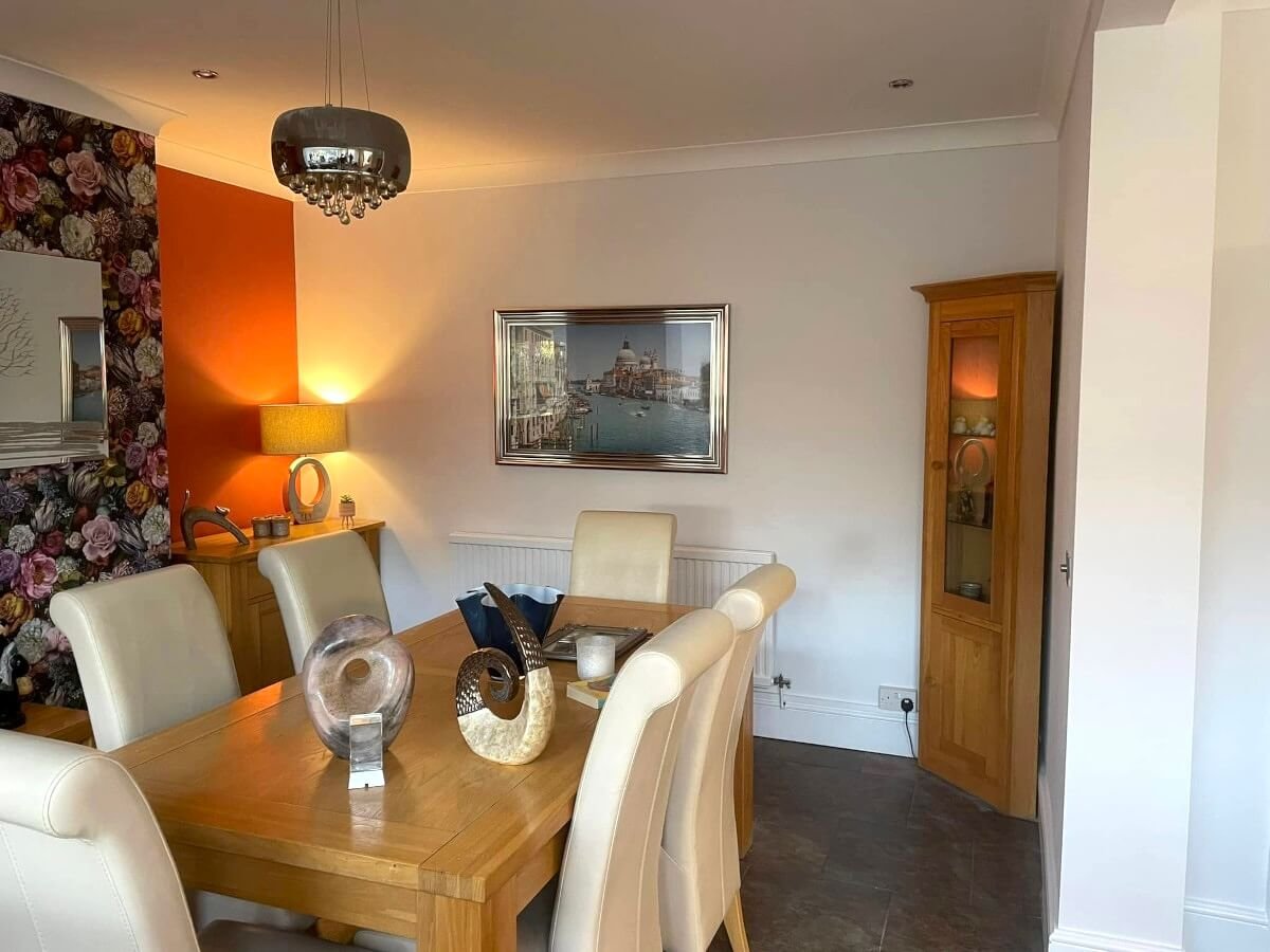 dining room floral wallpaper orange accent wall cardiff primrose decor