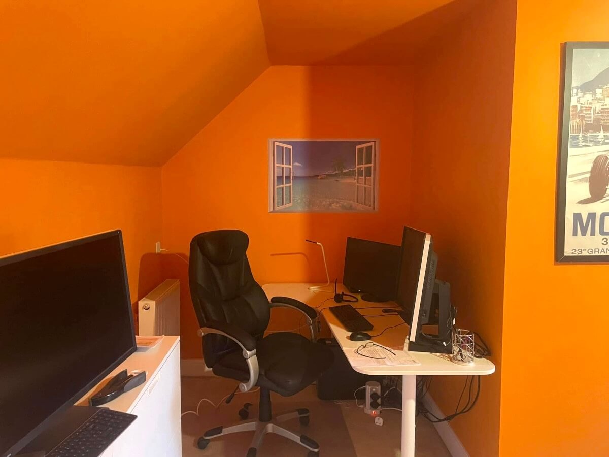home-office-orange-painted-walls-ceiling-desks-cardiff-primrose-decor Orange painted office walls and ceiling in Cardiff by Primrose Decor, commercial interior painting