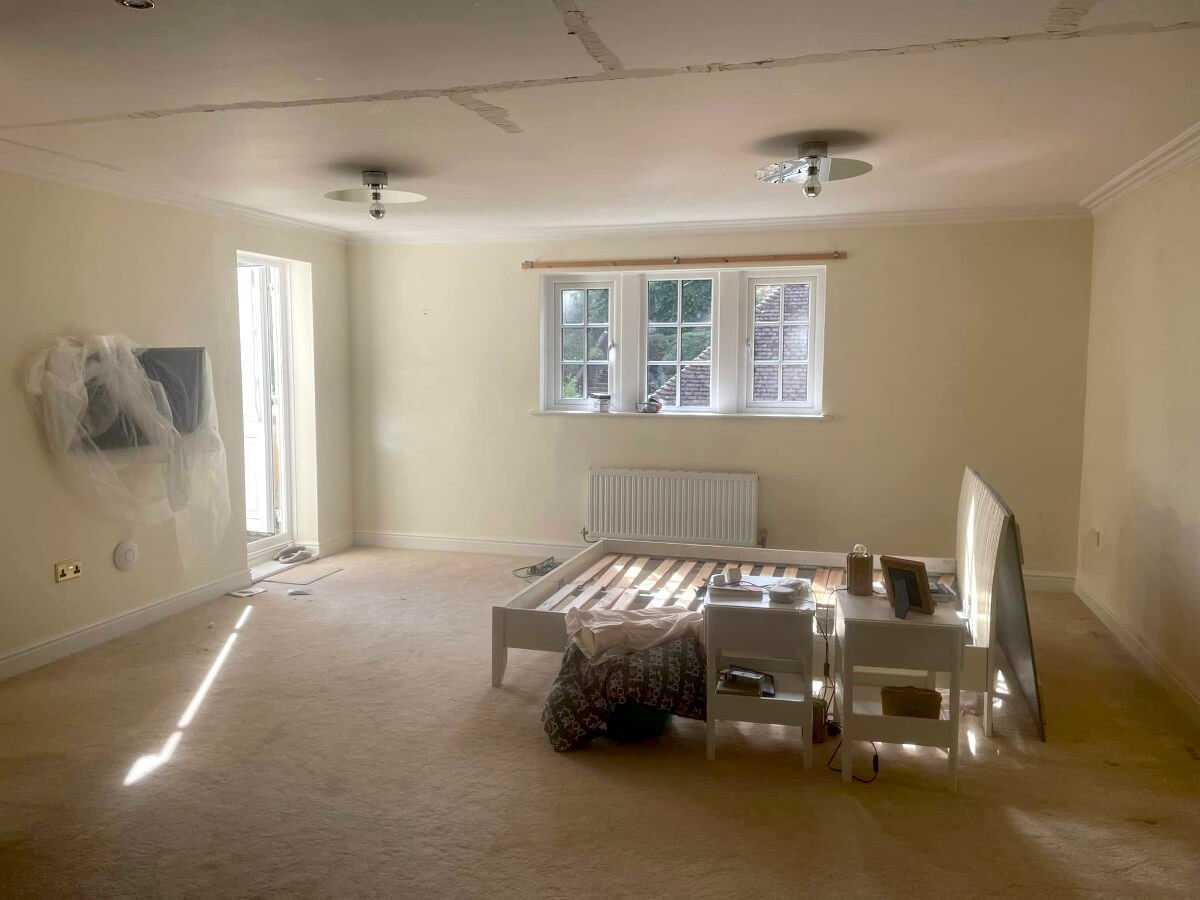 Master bedroom with cream painted walls and furniture preparation in Cardiff by Primrose Decor